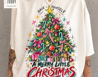 Have Yourself a Merry Little Christmas Shirt, Coquette Tree Tee, Pink Bow Holiday Graphic, Comfort Colors Cute Festive Top