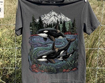 T-shirt graphique épaulard couleur confort rétro des années 90, chemise orque vintage, t-shirt de la faune océanique du parc national, haut esthétique nature vie marine