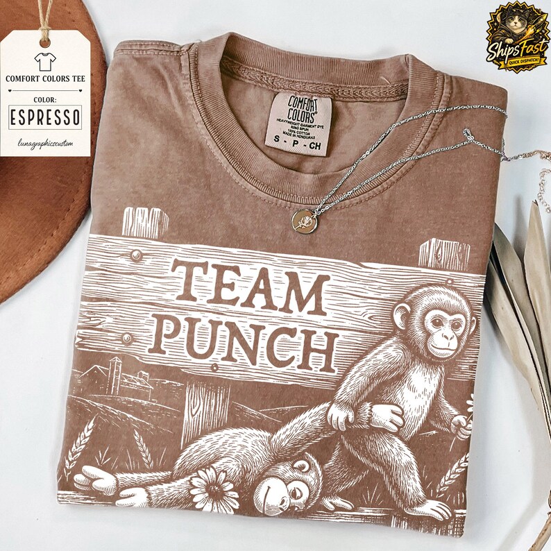 May include: A brown Comfort Colors T-shirt with a graphic of two monkeys and the words "TEAM PUNCH". The tee has a crew neck and short sleeves. A silver necklace with a pendant is draped across the shirt.