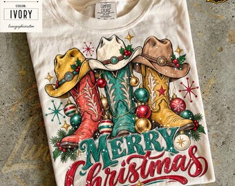 Western Merry Christmas Shirt, Cowgirl Boot Holiday Top, Cowboy Hat Ornament Tee, Rodeo Glam Xmas Outfit, Country Boutique Top