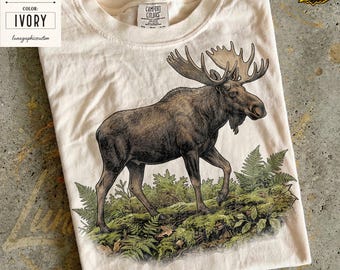 Chemise nature orignal, t-shirt graphique animalier rétro des années 90, t-shirt vintage tête d'orignal, haut forêt nature, cadeau pour amoureux de la nature