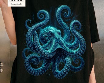 Chemise couleurs confort pieuvre géante, t-shirt vintage créature marine, t-shirt rétro océan animal, haut cadeau vie marine côtière
