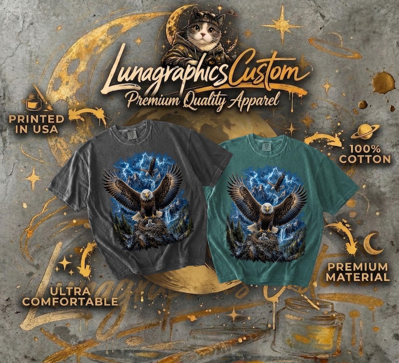 May include: Two t-shirts, one charcoal gray and one teal, feature an eagle design with a blue sky and lightning. The shirts are labeled "Lunagraphics Custom Premium Quality Apparel", "Printed in USA", "100% Cotton", "Ultra Comfortable", and "Premium Material".