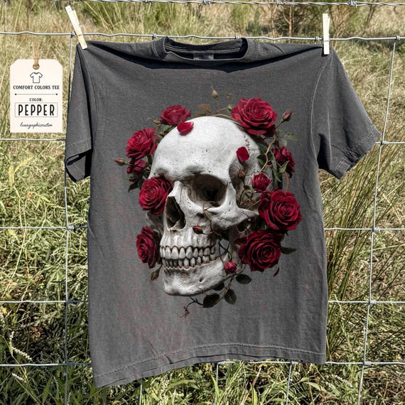 Skull Rose Gothic Comfort Colors Shirt, Floral Skull Tee, Goth Aesthetic Tshirt, Skeleton Rose Gift, Dark Academia Halloween Tee, Streetwear