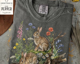 chemise vintage lapin Nature, t-shirt graphique lièvre sauvage rétro des années 90, t-shirt esthétique lapin botanique, cadeau pour les amoureux de la nature forestière