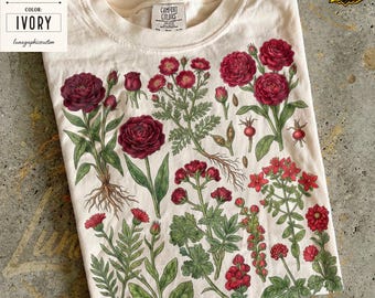 t-shirt graphique botanique vintage rose fleurs sauvages, t-shirt couleurs confort cottagecore rétro, chemise à fleurs de jardin, cadeau floral, haut bohème nature