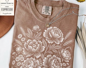 Linoleumssnitt med blommig Comfort Colors®-t-shirt i vintagestil, retro-tröja med pioner och blocktryck, t-shirt med träsnitt och ranunkelmönster, bohemisk botanisk stil i cottagecore