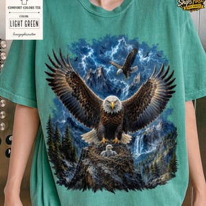 May include: Light green Comfort Colors tee featuring a detailed graphic of eagles with outstretched wings, a nest with an eaglet, and a mountain backdrop with lightning. The shirt includes the text "LIGHT GREEN".
