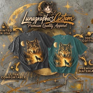 May include: Two t-shirts with wolf graphics. One is dark gray, the other teal. The wolf design includes a full moon, forest, and a howling wolf. The shirts are labeled "Premium Quality Apparel", "100% Cotton", and "Ultra Comfortable".