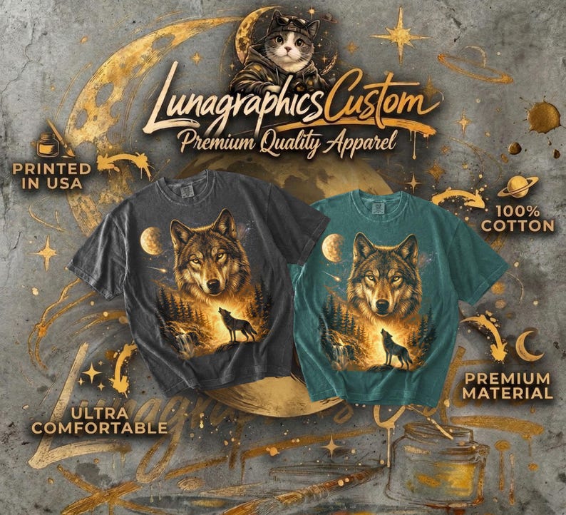 May include: Two t-shirts with wolf graphics. One is dark gray, the other teal. The wolf design includes a full moon, forest, and a howling wolf. The shirts are labeled "Premium Quality Apparel", "100% Cotton", and "Ultra Comfortable".