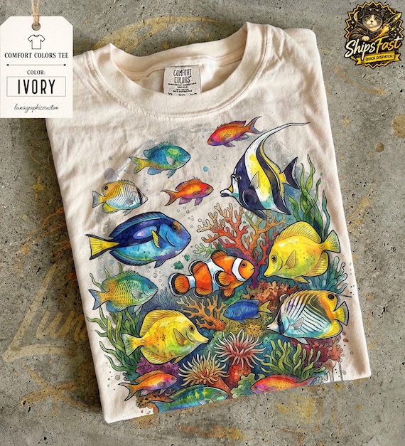 Tropical Fish Comfort Colors T-Shirt, Vintage Ocean Marine Life Graphic Tee, Retro Beach Summer Shirt, Colorful Aquarium Aesthetic Gift Idea