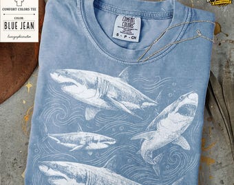 Chemise de Style tatouage vintage requin des années 90, t-shirt graphique requin rétro Y2k couleurs confort, t-shirt unisexe océan esthétique, cadeau haut de gamme animaux marins