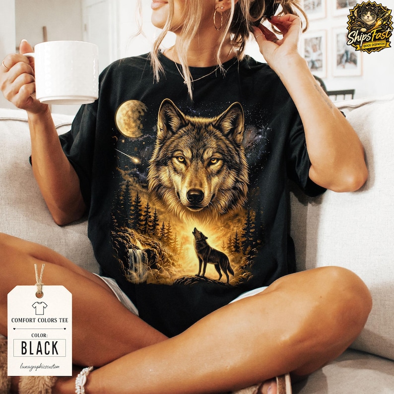 Vintage Howling Wolf Graphic Tee, Moonlit Forest Wildlife Shirt, Night Nature Retro Outdoor Top, Comfort Colors® Animal Gift Tee image 6