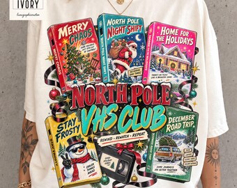 North Pole VHS Club Shirt, Retro Christmas Movie Night Tee, Vintage Video Tape Holiday Top, Comfort Colors 90s Xmas Gift for Movie Lovers