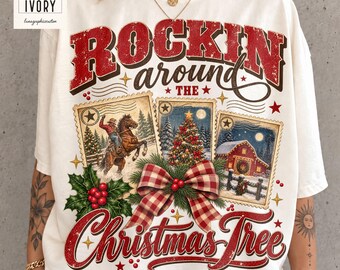 Rockin Around Christmas Tree Shirt, Western Postcard Tee, Cowgirl Holiday Top, Comfort Colors Country Xmas, Ranch Christmas Gift for Her