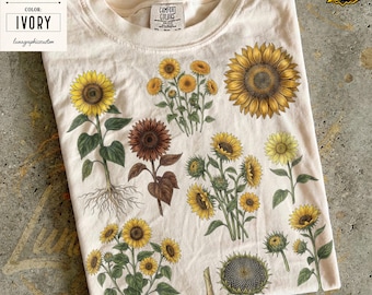 Chemise graphique tournesols, t-shirt fleurs botaniques rétro des années 90, t-shirt tournesol vintage, haut esthétique jardin nature, cadeau floral