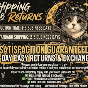 May include: Digital artwork showing a cat in sunglasses and a hoodie against a cosmic backdrop with a moon and stars. Text reads "Shipping & Returns" and "Satisfaction Guaranteed".