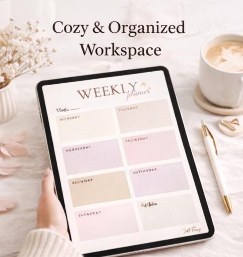 May include: A digital weekly planner with a soft colour palette, featuring sections for each day of the week. The text "Cozy & Organized Workspace" is at the top. A cup of coffee, pen, and decorative items are also present.