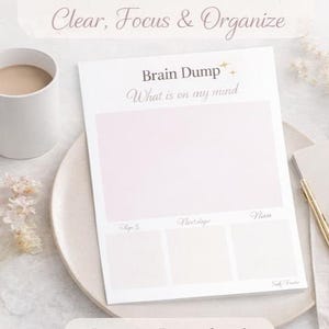 May include: A white notepad with the text "Brain Dump" and "What is on my mind" sits on a plate next to a cup of coffee. The notepad has a pink background and the words "Step 5", "Next step", and "Niece" are written on the bottom.
