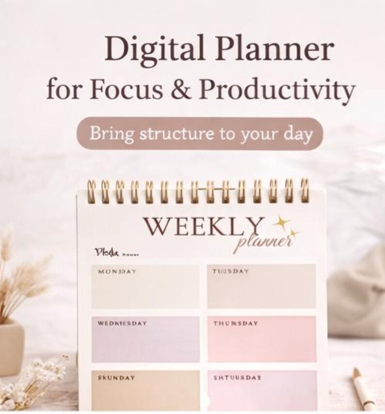 May include: A weekly planner with a gold spiral binding. The planner has a cream-coloured cover with the words "Digital Planner for Focus & Productivity" and "Bring structure to your day." The interior pages are divided into daily sections.