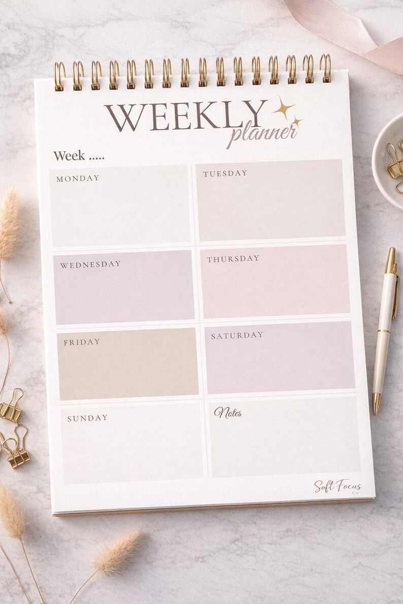 May include: A weekly planner with a gold spiral binding, featuring the text "WEEKLY planner". It has sections for each day, in a soft colour palette of beige, pink, and lavender. Includes a pen and stationery.