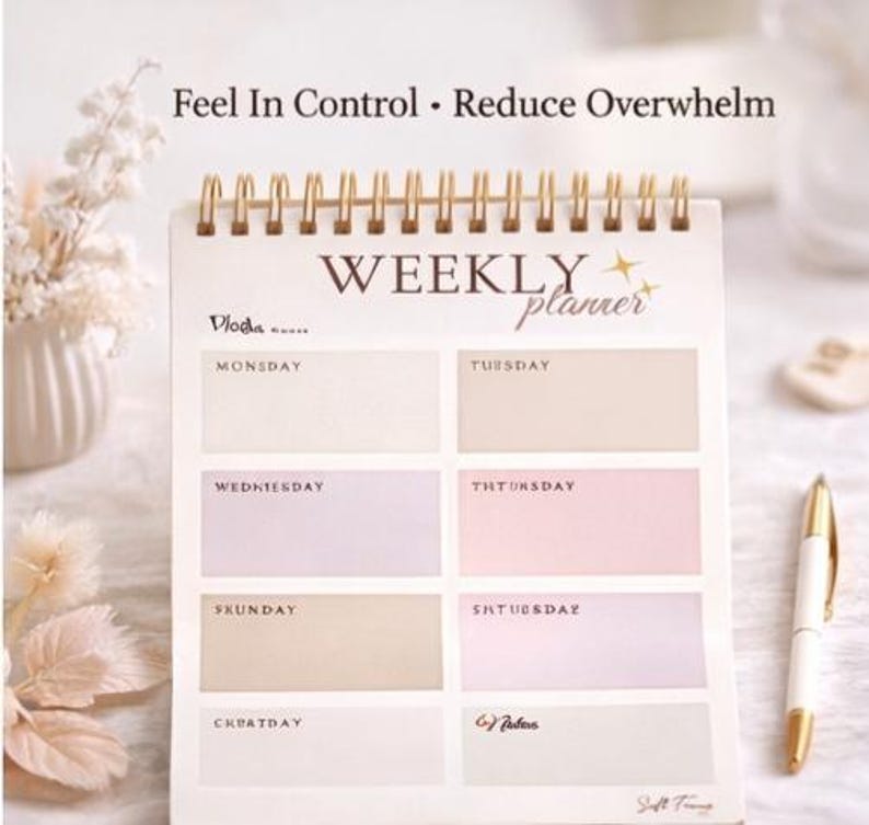 May include: A weekly planner with a gold spiral binding. The planner has a cream-coloured cover with the words "WEEKLY planner" and the text "Feel In Control &bull; Reduce Overwhelm". The planner has sections for each day of the week, with a pen resting on the side.