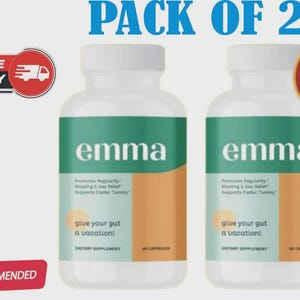 May include: Two white supplement bottles with green and orange labels, each labeled "emma." The bottles promote regularity and bloating relief. Text reads "give your gut a vacation!" and "60 capsules." The image includes "PACK OF 2" and "BEST OFFER" badges.