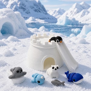 May include: A white plastic igloo-shaped structure with a slide, accompanied by small animal figurines including a black and white penguin, a gray seal, a light blue narwhal, a white polar bear, a small gray fish, and a blue whale.