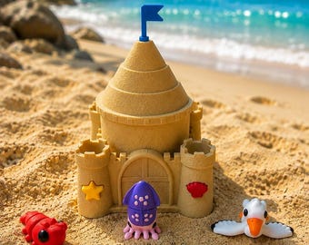 May include: A tan sandcastle with a blue flag on top, surrounded by small plastic sea creature figurines including a red lobster, a purple squid, a white seagull, a blue seahorse, a blue fish, a beach ball, and a yellow starfish.