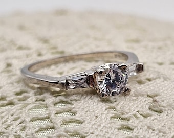 Vintage Sterling Silver Bridal Insert Ring • High‑Set Solitaire with Side Baguettes • Size 8.75
