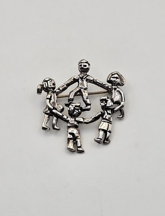 Vintage Sterling Silver Children Holding Hands Brooch