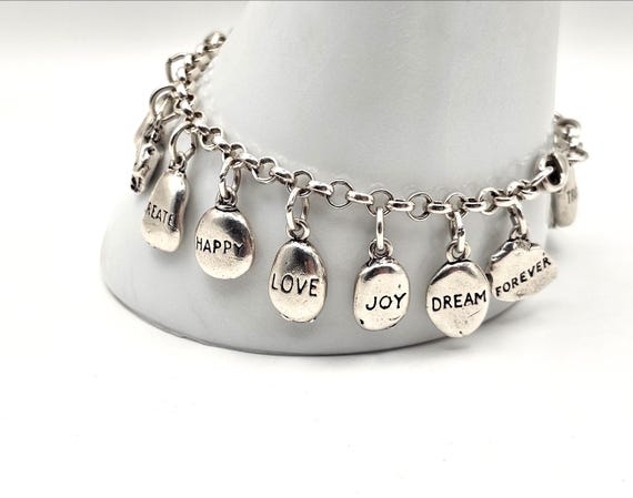 Sterling Silver Inspirational Words Charm Bracelet 925 • 7.5"
