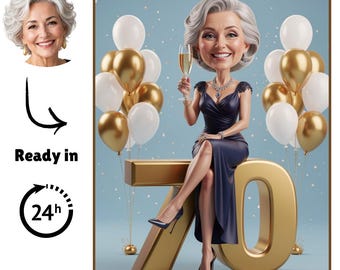 Caricatura personalizzata, 70° compleanno, anniversario, biglietto d'auguri (consegna digitale)