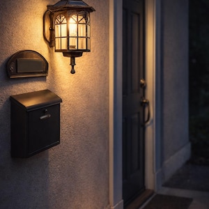 Puede incluir: Una linterna de pared exterior iluminada, un buzón negro y una placa de dirección. La linterna tiene un diseño decorativo con paneles de vidrio. La escena se desarrolla contra una pared texturizada junto a una puerta oscura.