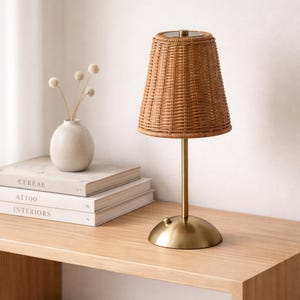May include: A decorative table lamp with a woven rattan shade and a brass-colored base and stem. The lamp sits on a light wood surface next to a stack of books and a small vase with dried flowers. The lamp is approximately 12 inches tall.