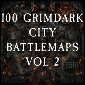 Pode incluir: Uma vista detalhada de cima de um mapa de batalha da cidade, com uma estética sombria e industrial. A imagem apresenta o texto "100 Grimdark City Battlemaps Vol 2" em letras maiúsculas brancas grandes, sobreposto ao design intrincado do mapa. O mapa é uma mistura de cinzas escuros e castanhos.