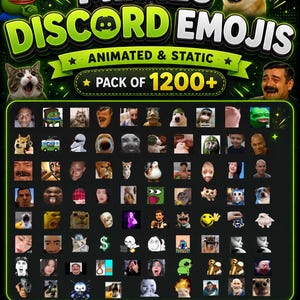 Op de afbeelding: Een digitale grafische advertentie voor een verzameling van meer dan 1200 geanimeerde en statische Discord-meme-emoji's. De zwarte achtergrond bevat de tekst MEMES DISCORD EMOJIS, een raster van diverse meme-gezichten en downloadpictogrammen.