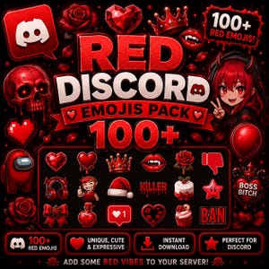 Può includere: Un pacchetto grafico digitale con oltre 100 emoji a tema rosso per Discord. Il design include un teschio rosso, un personaggio anime dai capelli rossi, rose, cuori, corone e varie icone con il testo RED DISCORD EMOJIS PACK 100+ e BOSS BITCH.
