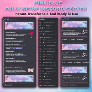 Może przedstawiać: Różowo-niebieska grafika konfiguracji serwera Discord z tekstem "PINK BLUE FULLY SETUP DISCORD SERVER." Zawiera weryfikację serwera, powitanie i przydzielanie ról, z motywami serc i motyli.