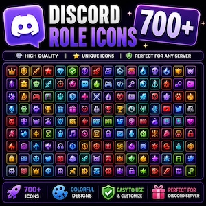 Peut inclure: Une collection numérique de plus de 700 icônes de rôle Discord présentant une variété de symboles colorés et lumineux dans des cadres carrés. Le graphique inclut le texte DISCORD ROLE ICONS 700+ et affiche de nombreuses petites icônes représentant des épées, des couronnes et des cœurs.