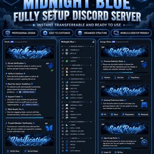 May include: A digital display of a Midnight Blue Discord server theme featuring a dark interface with glowing blue text and icons. The layout includes sections for server verification, member roles, and channel lists with a starry night aesthetic.