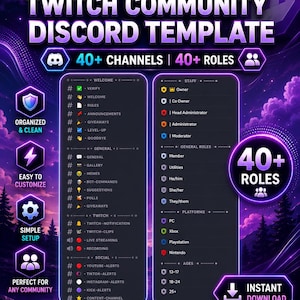 May include: A digital template for a Twitch community Discord server featuring a purple neon aesthetic. The graphic displays lists of over 40 channels and 40 roles, including categories like Welcome, General, Twitch, Social, Staff, and Platforms.