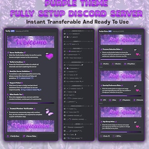 May include: A purple-themed Discord server setup graphic with the text "Fully Setup Discord Server" and "Instant Transferable And Ready To Use." The graphic includes server verification, server rules, and role assignment options.