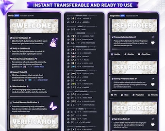 May include: A digital display of a Discord server template with a white theme, featuring three vertical panels showing channel structures, verification steps, and self-role assignment options with floral headers and purple accents.