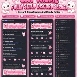 以下が含まれることがあります： ピンクの猫をテーマにしたデジタルDiscordサーバーテンプレート。白い子猫、リボン、毛糸玉が特徴です。ウェルカムメッセージ、セルフロール、サーバー統計のセクションがあり、テキスト、アイコン、ピンクのボタンで構成されています。