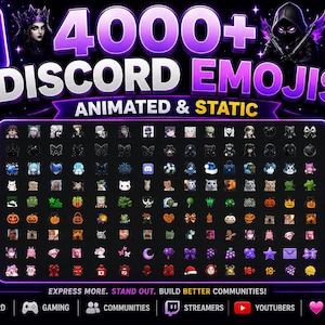 May include: A digital collection of 4000+ Discord emojis featuring both animated and static designs. The display includes a wide variety of icons such as characters, animals, holiday themes, and symbols, all set against a dark purple background.