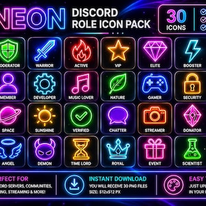 May include: A digital product featuring a neon-style Discord role icon pack. The pack includes 30 icons with various themes, such as Admin, Warrior, Gamer, and Scientist, in a vibrant color palette. The image also includes text that says "Perfect for Discord servers, communities, gaming, streaming & more!"