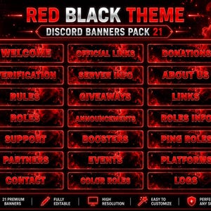 May include: A digital graphic set featuring twenty-one rectangular banners with a red and black smoke theme. Each banner contains bold red text labels including Welcome, Official Links, Donations, Verification, Server Info, About Us, Rules, Giveaways, Links, Roles, Announcements, Roles Info, Support, Boosters, Ping Roles, Partners, Events, Platforms, Contact, Color Roles, and Logs.