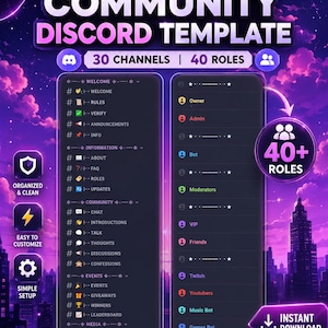 May include: A digital Discord server template featuring a purple galaxy background with text reading Community Discord Template, 30 Channels, and 40 Roles. The layout displays a list of categorized text channels and a list of color-coded user roles.