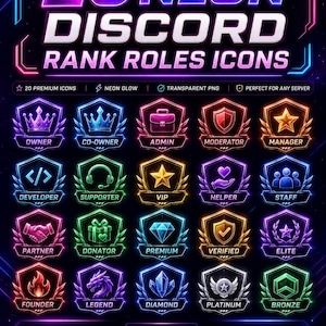 Puede incluir: Una colección digital de 20 iconos de rango para Discord con estilo neón, que presenta emblemas en forma de escudo con contornos brillantes. Cada icono muestra un símbolo único como una corona, estrella, diamante o llama, con sus títulos.
